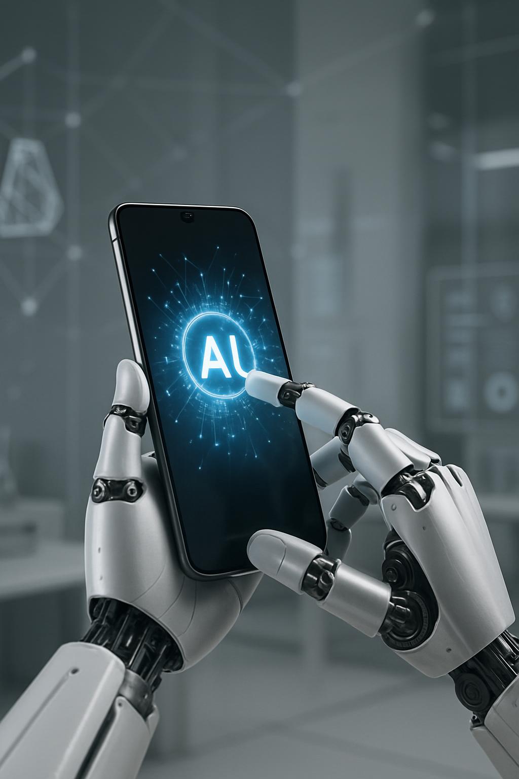 A phone with an AI logo is being held by a robot.